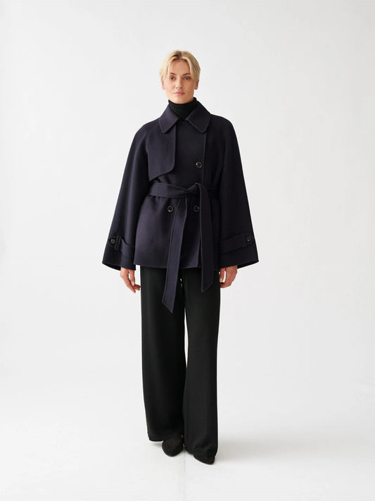 Double Faced Wool Short Trench Dark Navy